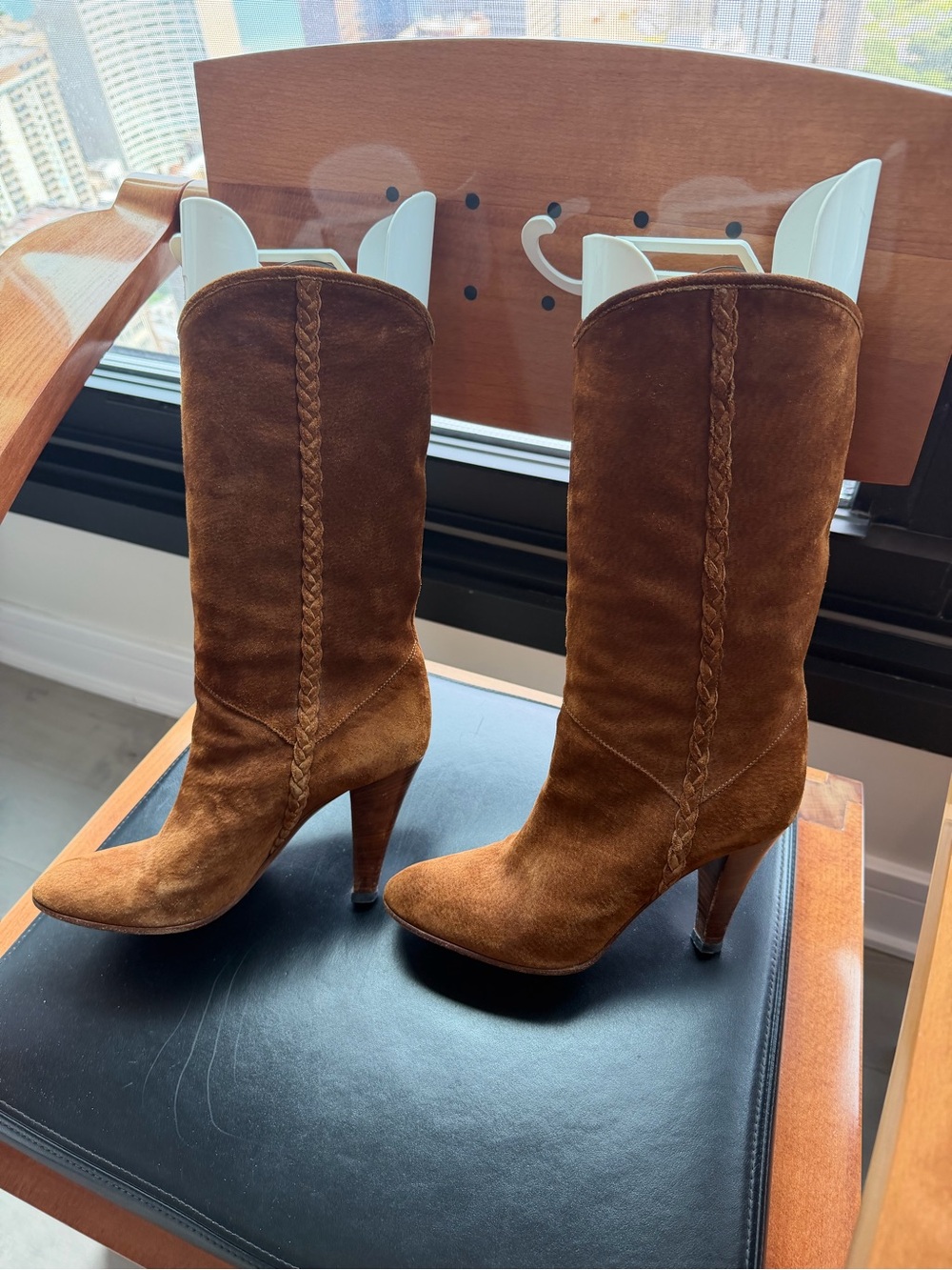 Casadei Chestnut Suede Braided Mid-Calf Heeled Boots - Picture 2 of 5